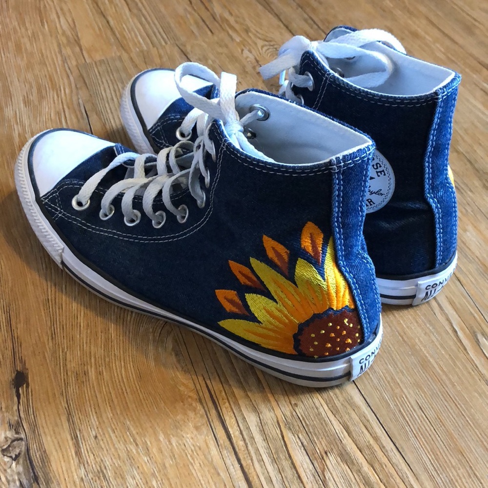 Converse Navy High Top Sneakers with Yellow Sunflower